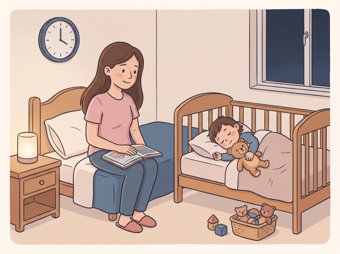 La même mère apaisée, son enfant endormi paisiblement avec son doudou