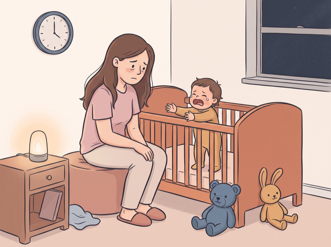Une mère épuisée au bord du lit, son enfant debout dans le lit en pleurs, tard le soir